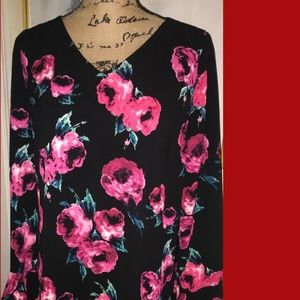 TAHARI ROSE PRINT BLACK A-LINE DRESS~NWOT~18